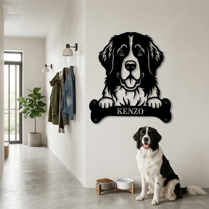 Sjov Landseer navneskilt med personlig tekst. Unik metalskilt til hundeejeren