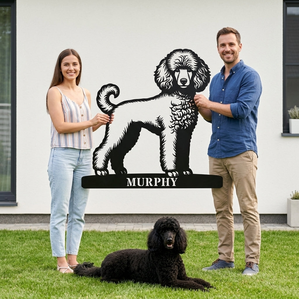 Puddel hunde vægmetalskilt med personlig navn