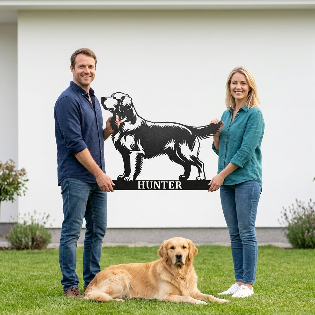 Golden retriever metalskilt med personligt hundenavn