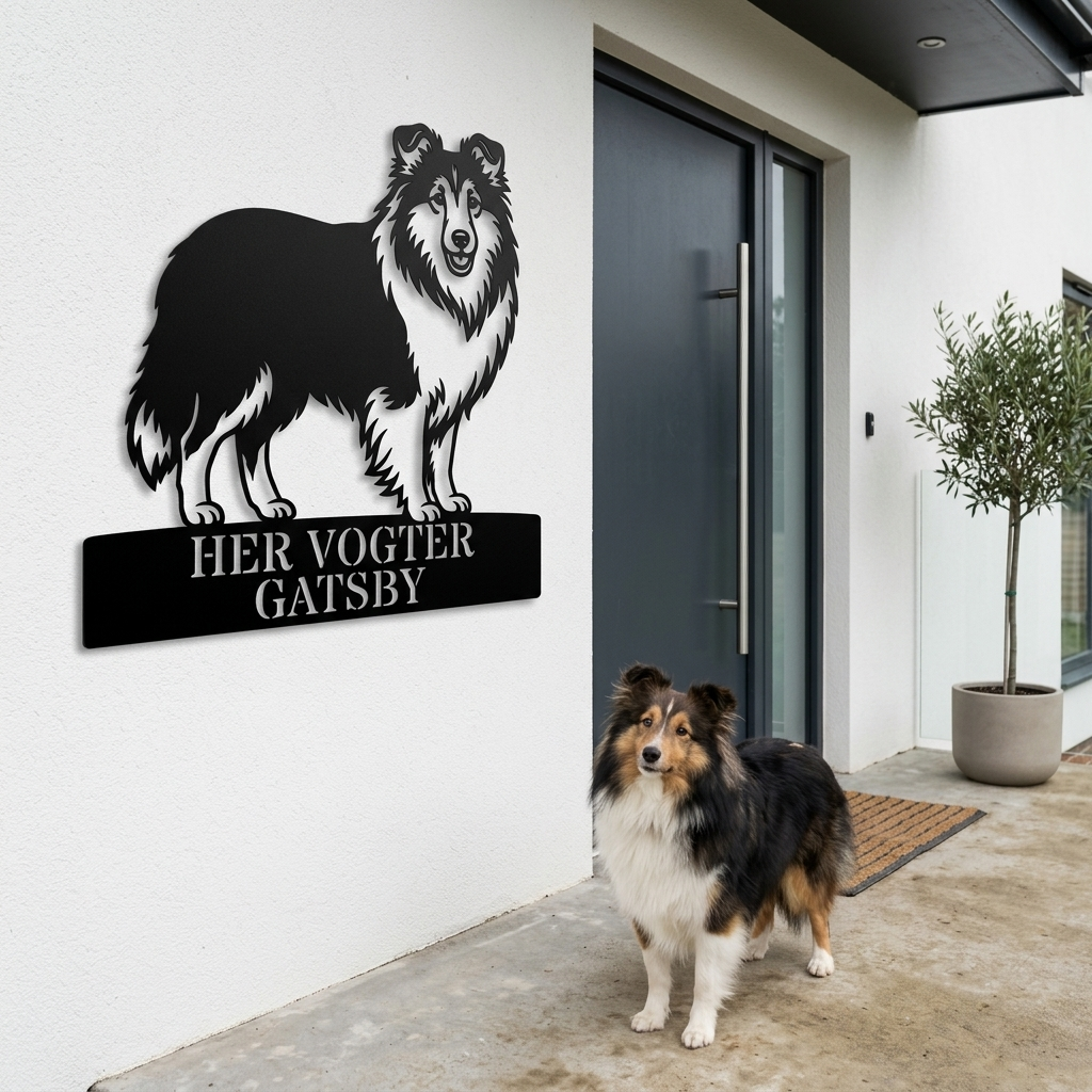 Personlig her vogter jeg Shetland Sheepdog metal navneskilt med navn