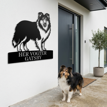Personlig her vogter jeg Shetland Sheepdog metal navneskilt med navn