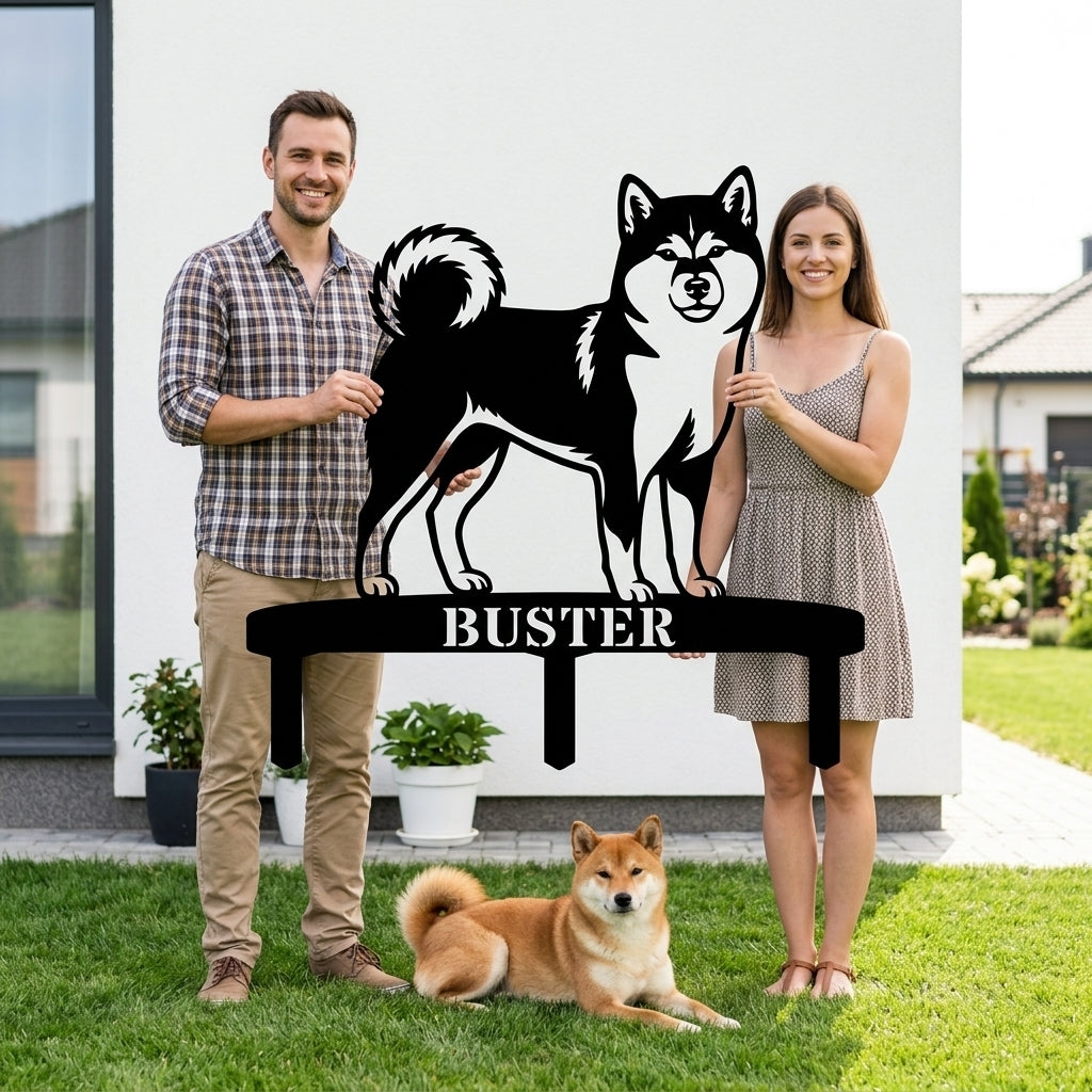 Personlig Shiba Inu metalskilt til haven med hundenavn
