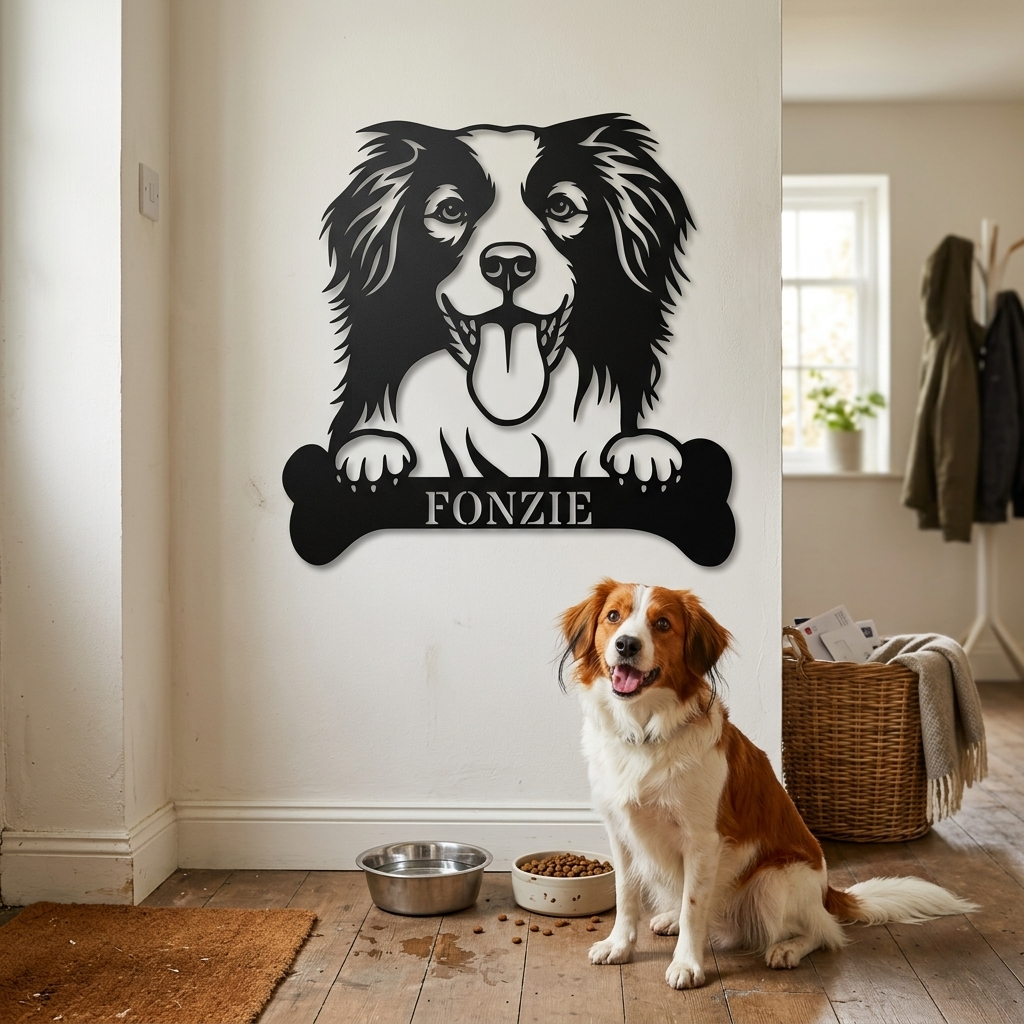 Sjov Hollandsk Kooikerhondje navneskilt med personlig tekst. Unik metalskilt til hundeejeren