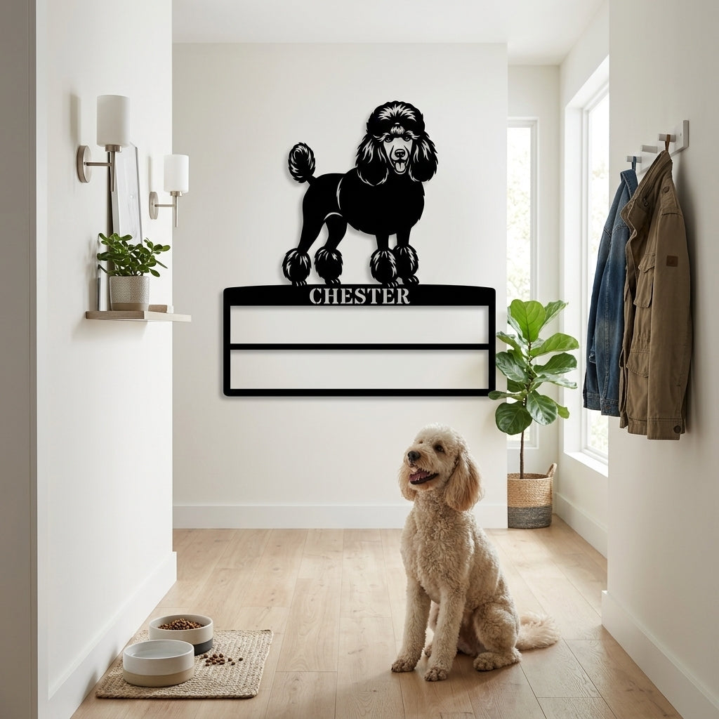 Unik puddelhund metalskilt til rosetter med personlig navn