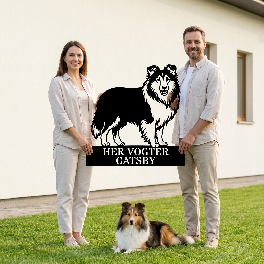 Personlig her vogter jeg Shetland Sheepdog metal navneskilt med navn