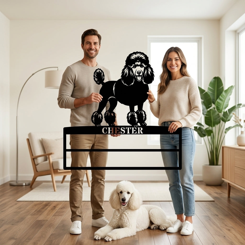 Unik puddelhund metalskilt til rosetter med personlig navn