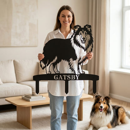 Personlig Shetland Sheepdog metalskilt til haven med hundenavn