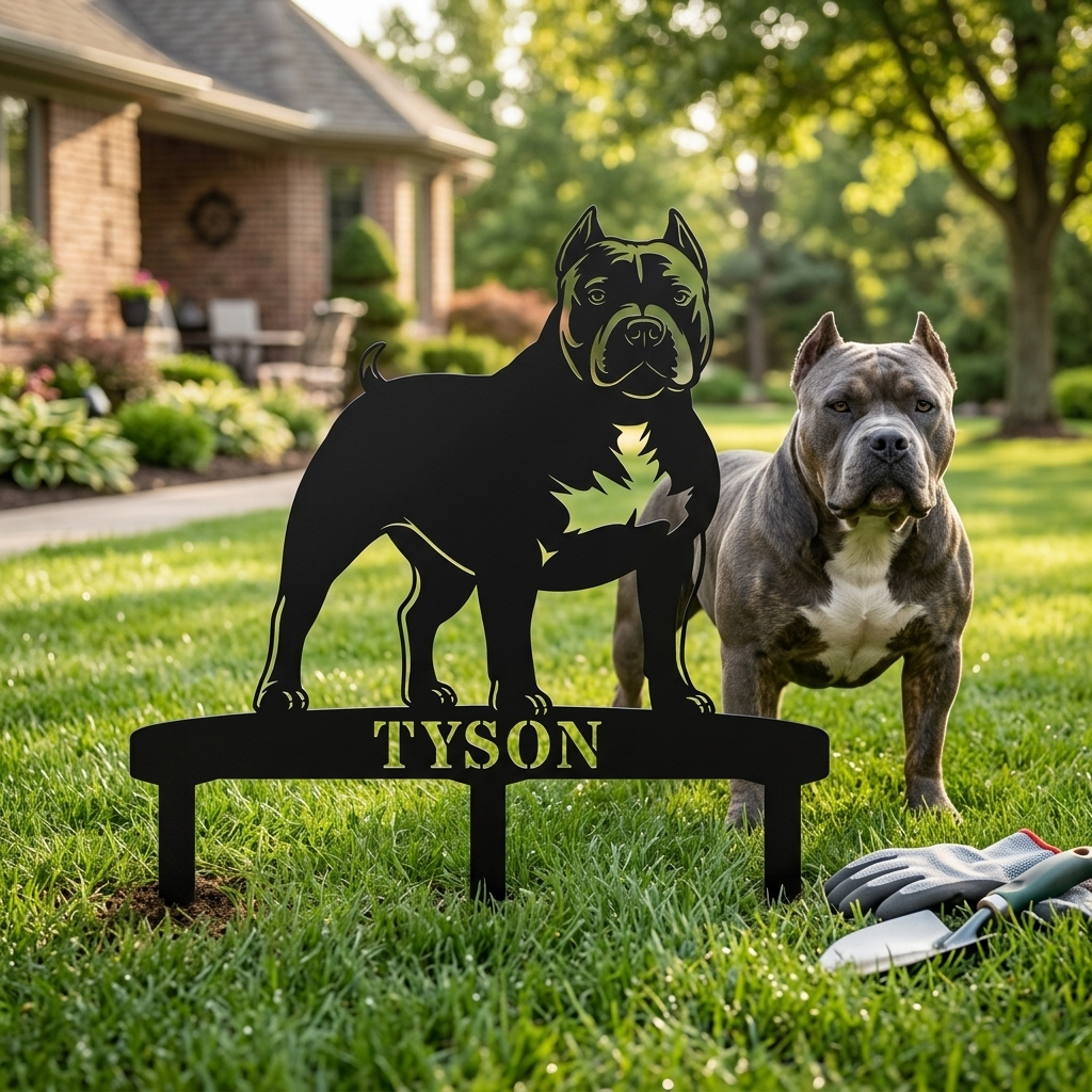 Personlig American Bully metalskilt til haven med hundenavn