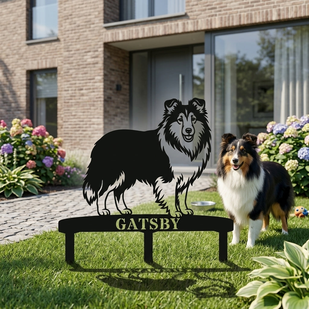 Personlig Shetland Sheepdog metalskilt til haven med hundenavn