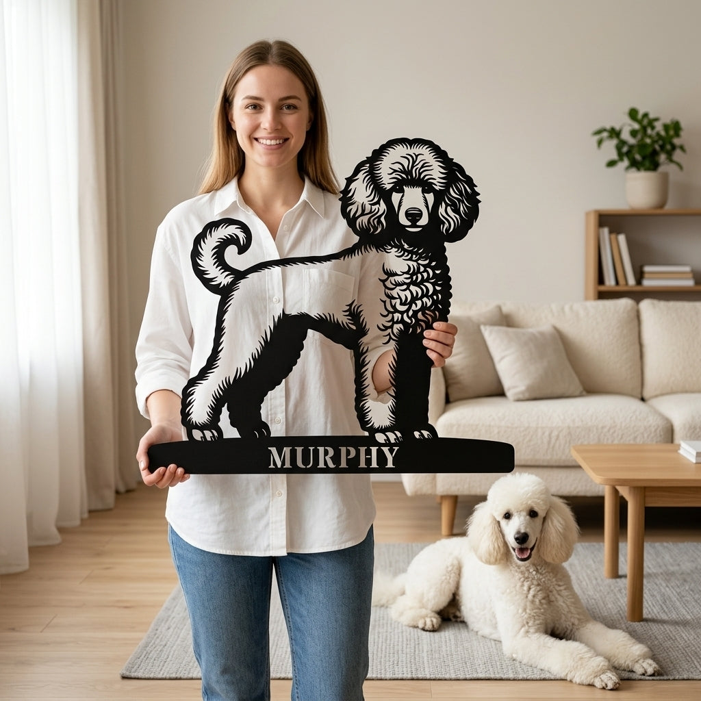 Puddel hunde vægmetalskilt med personlig navn