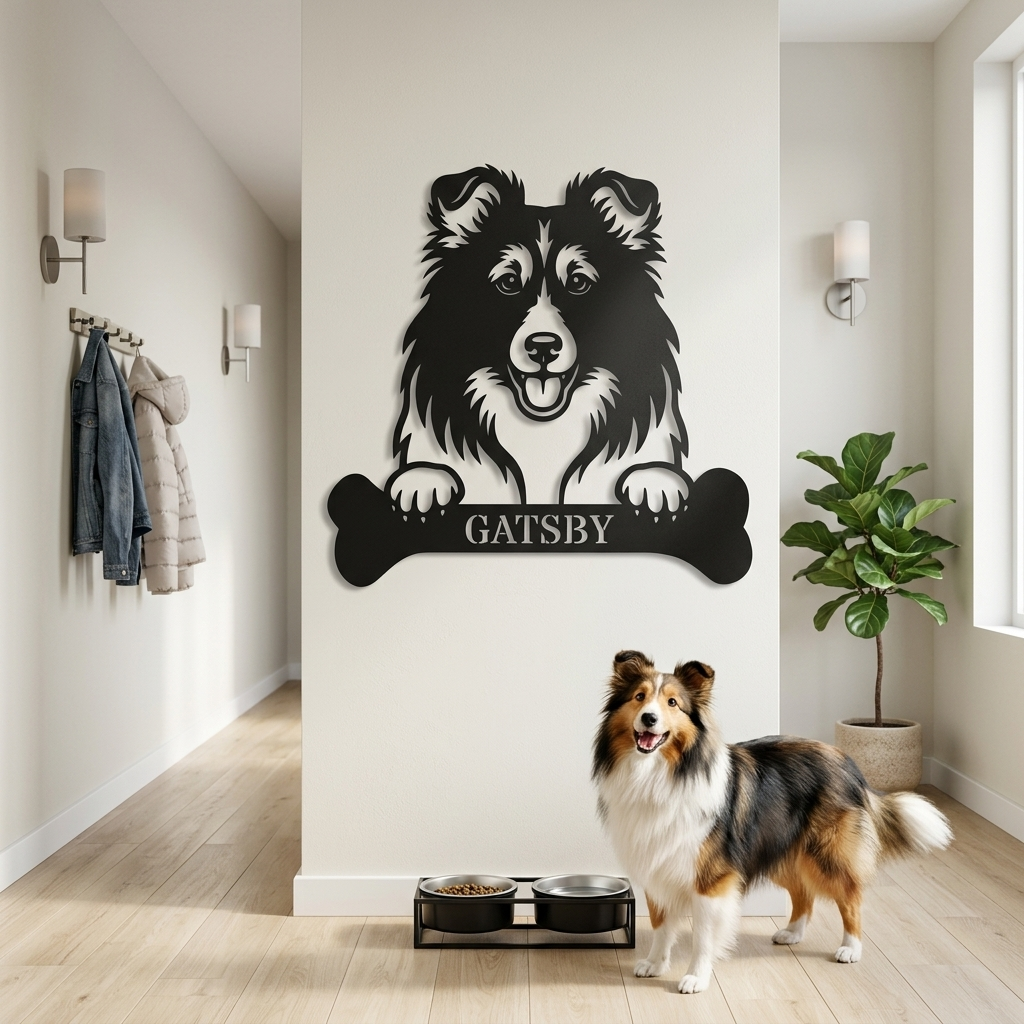 Sjov shetland sheepdog navneskilt med personlig tekst. Unik metalskilt til hundeejeren