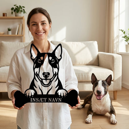 Bull Terrier hund med kødben metalskilt med personlig navn