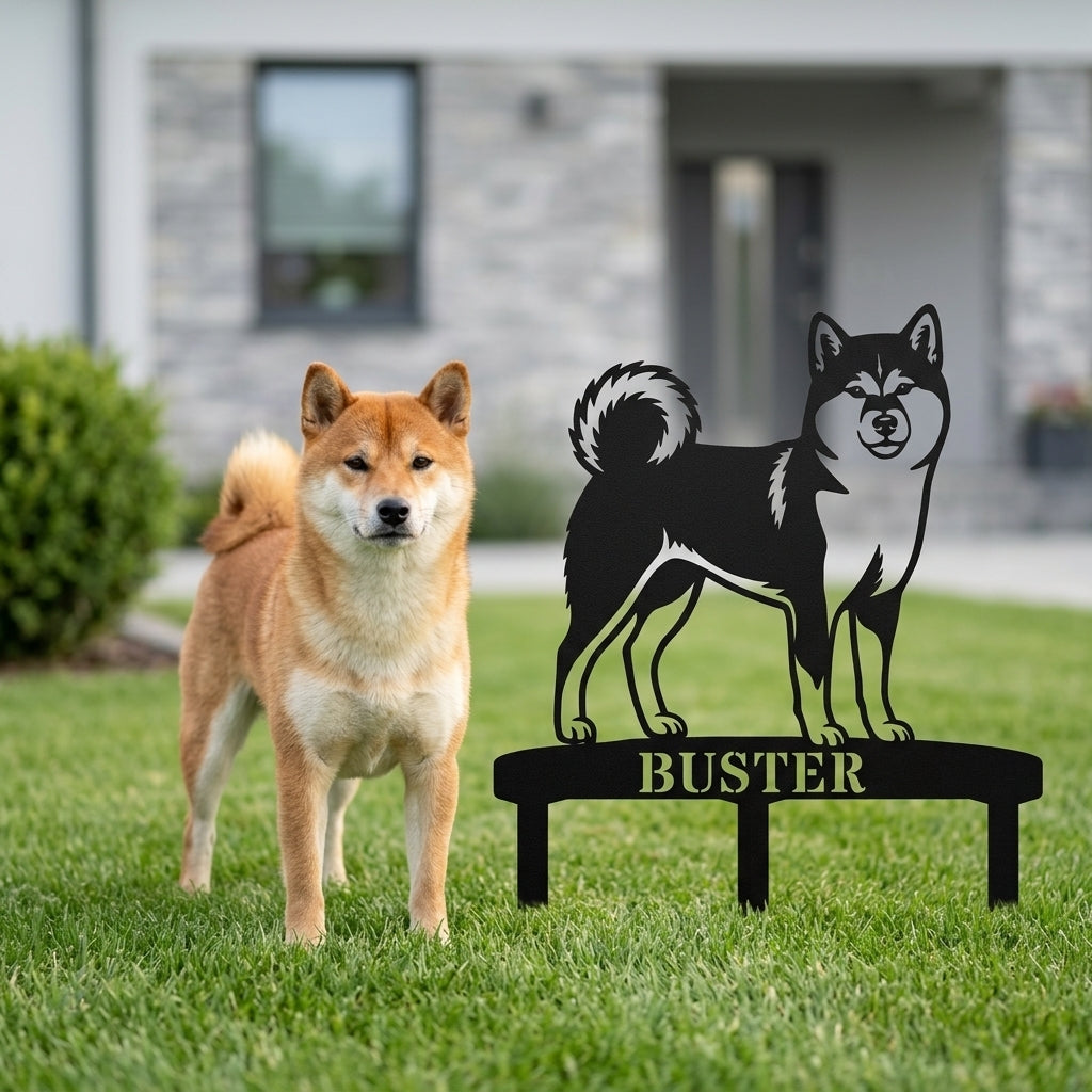 Personlig Shiba Inu metalskilt til haven med hundenavn