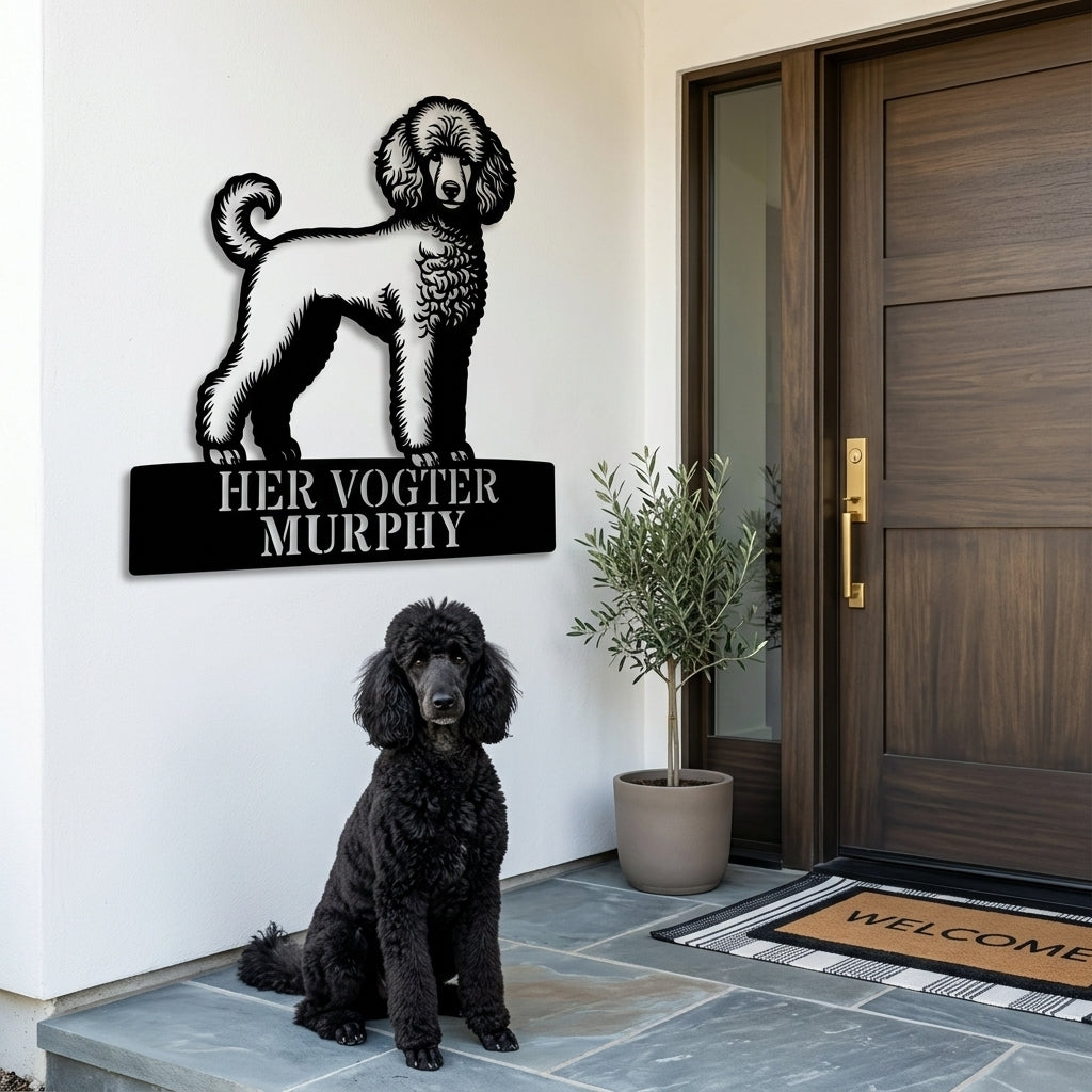 Puddel - Her vogter jeg metalskilt. Hunde navneskilt til huset