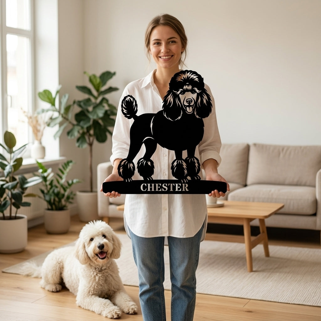 Unik puddelhund metalskilt med personlig navn