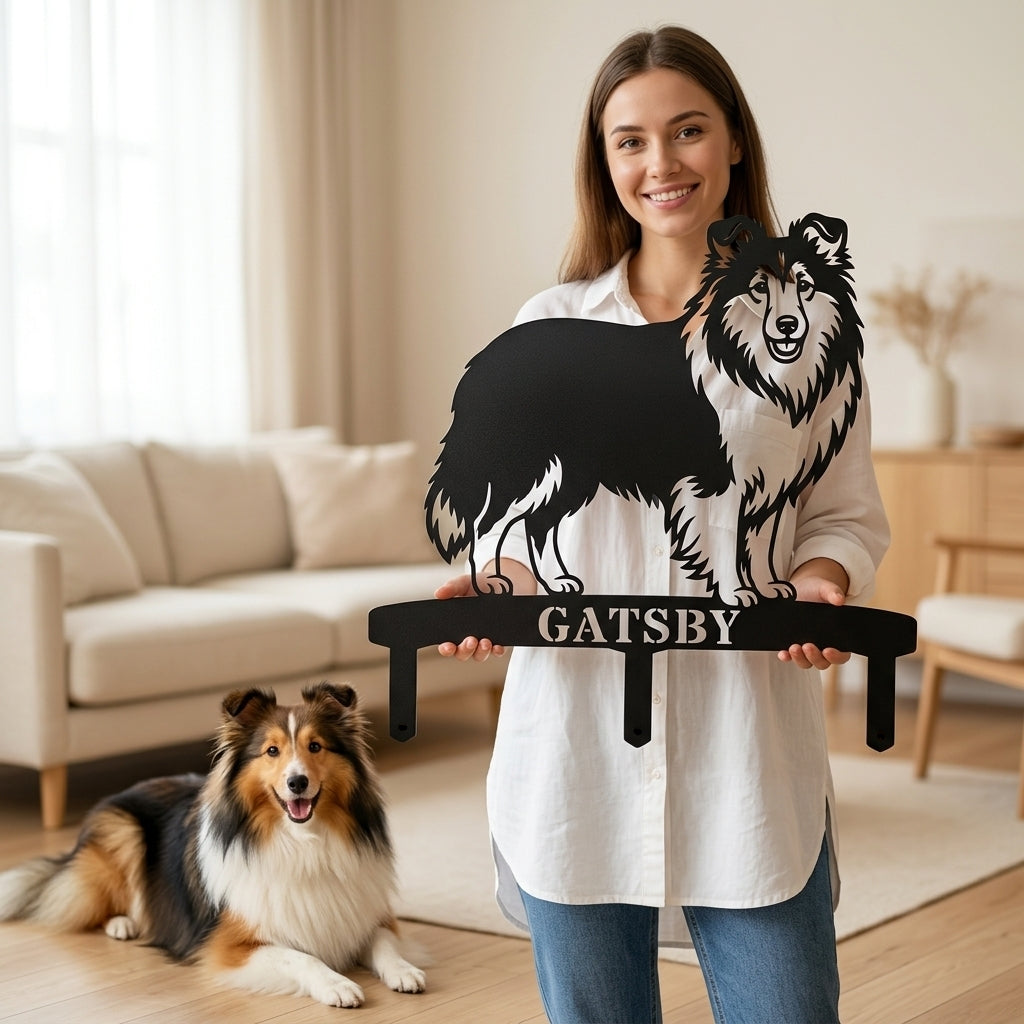 Personlig Shetland Sheepdog metalskilt til haven med hundenavn