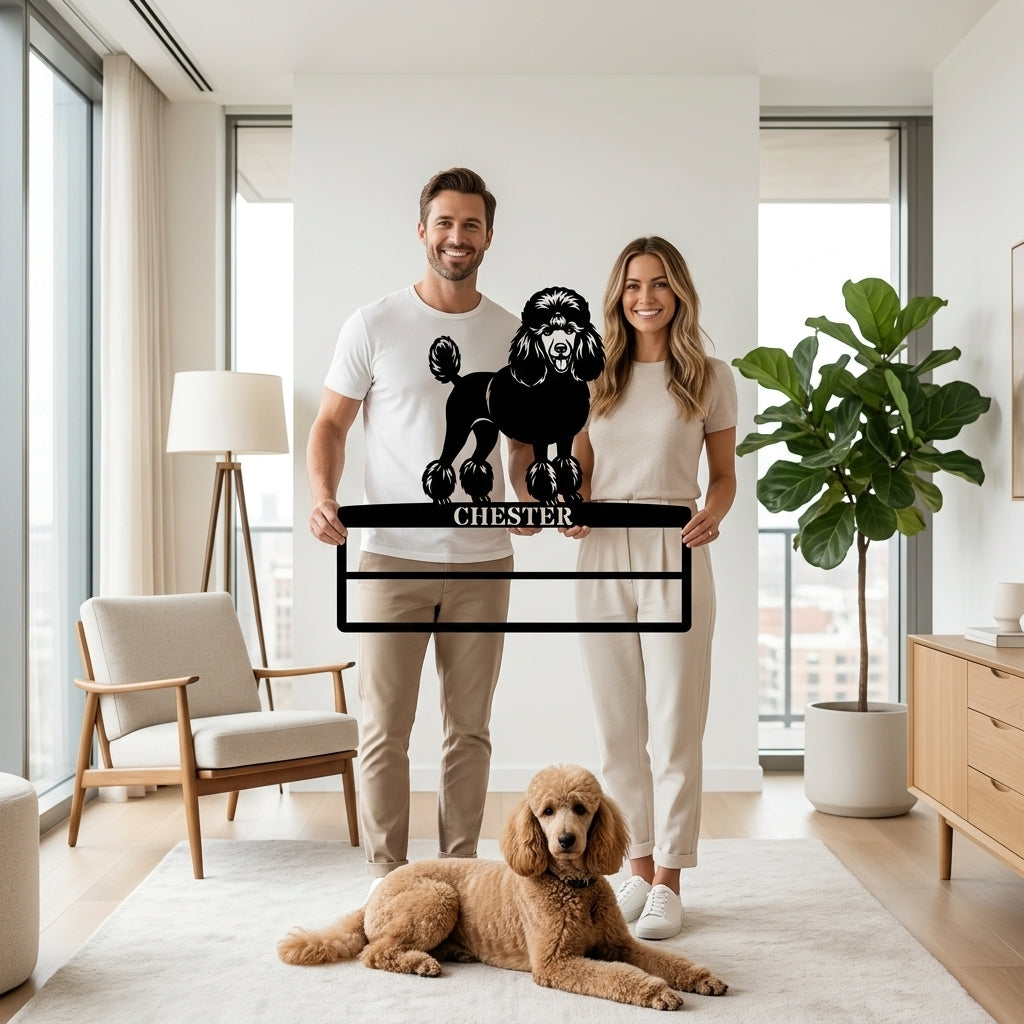 Unik puddelhund metalskilt til rosetter med personlig navn