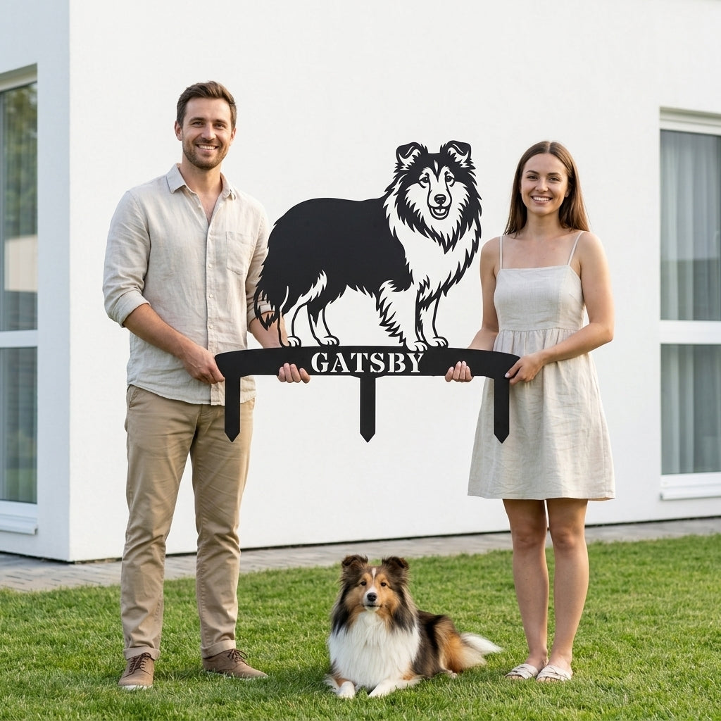 Personlig Shetland Sheepdog metalskilt til haven med hundenavn