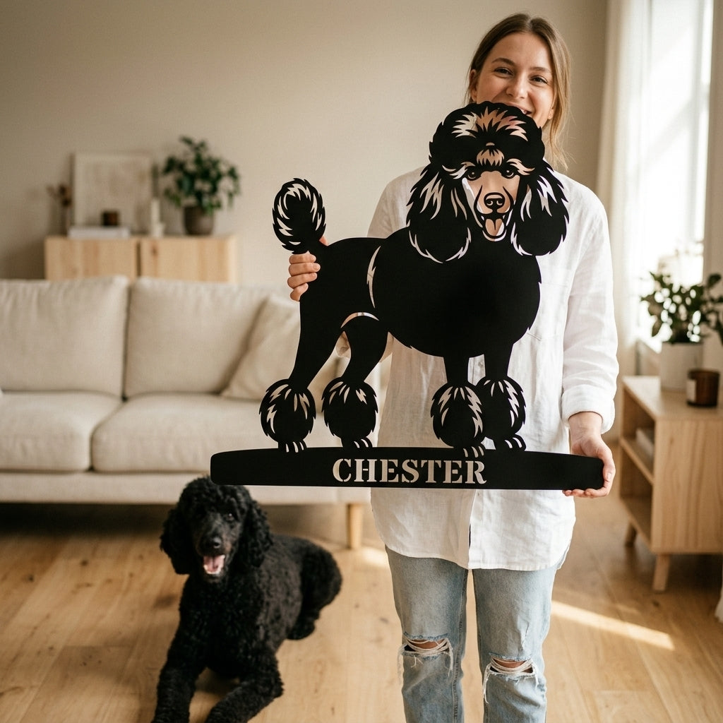Unik puddelhund metalskilt med personlig navn