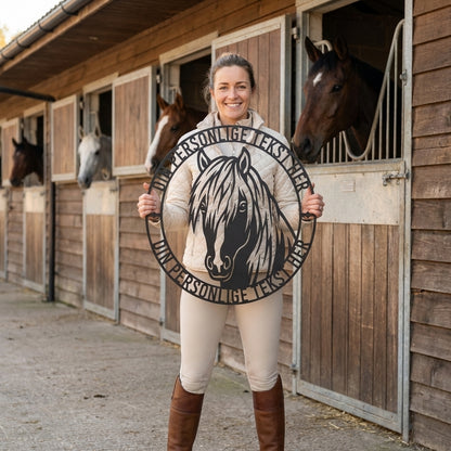 Personlig Islænder navneskilt med tekst. Unik metalskilt til din hest