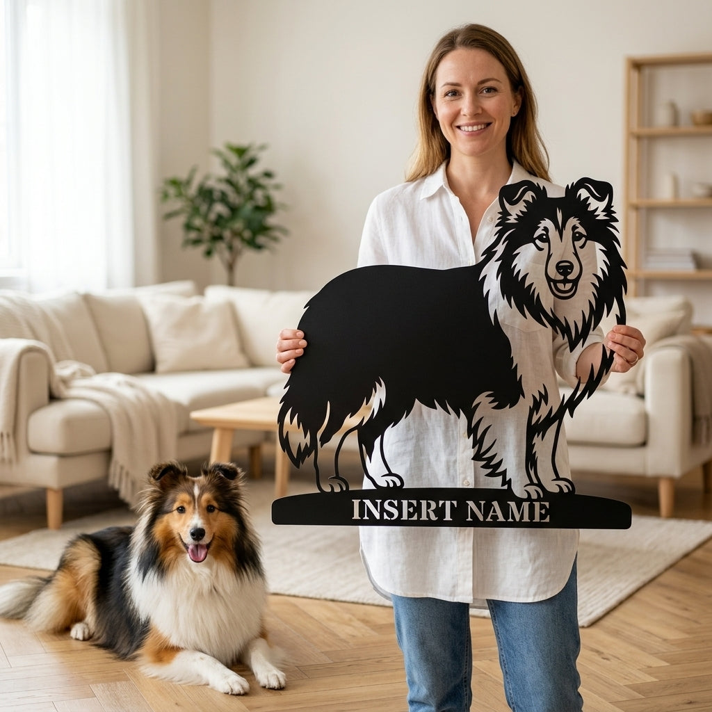 Shetland Sheepdog metalskilt med personlig hundenavn