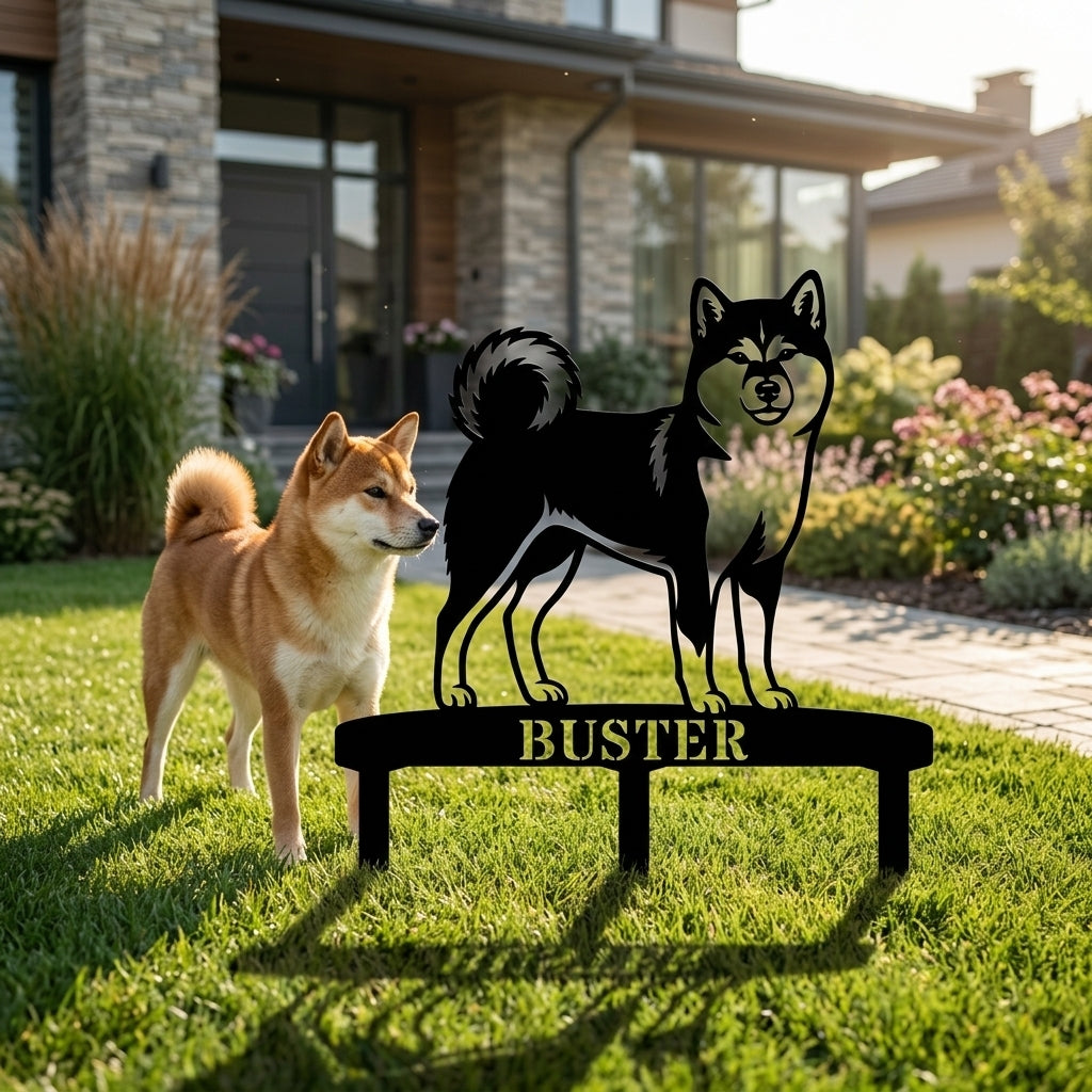 Personlig Shiba Inu metalskilt til haven med hundenavn