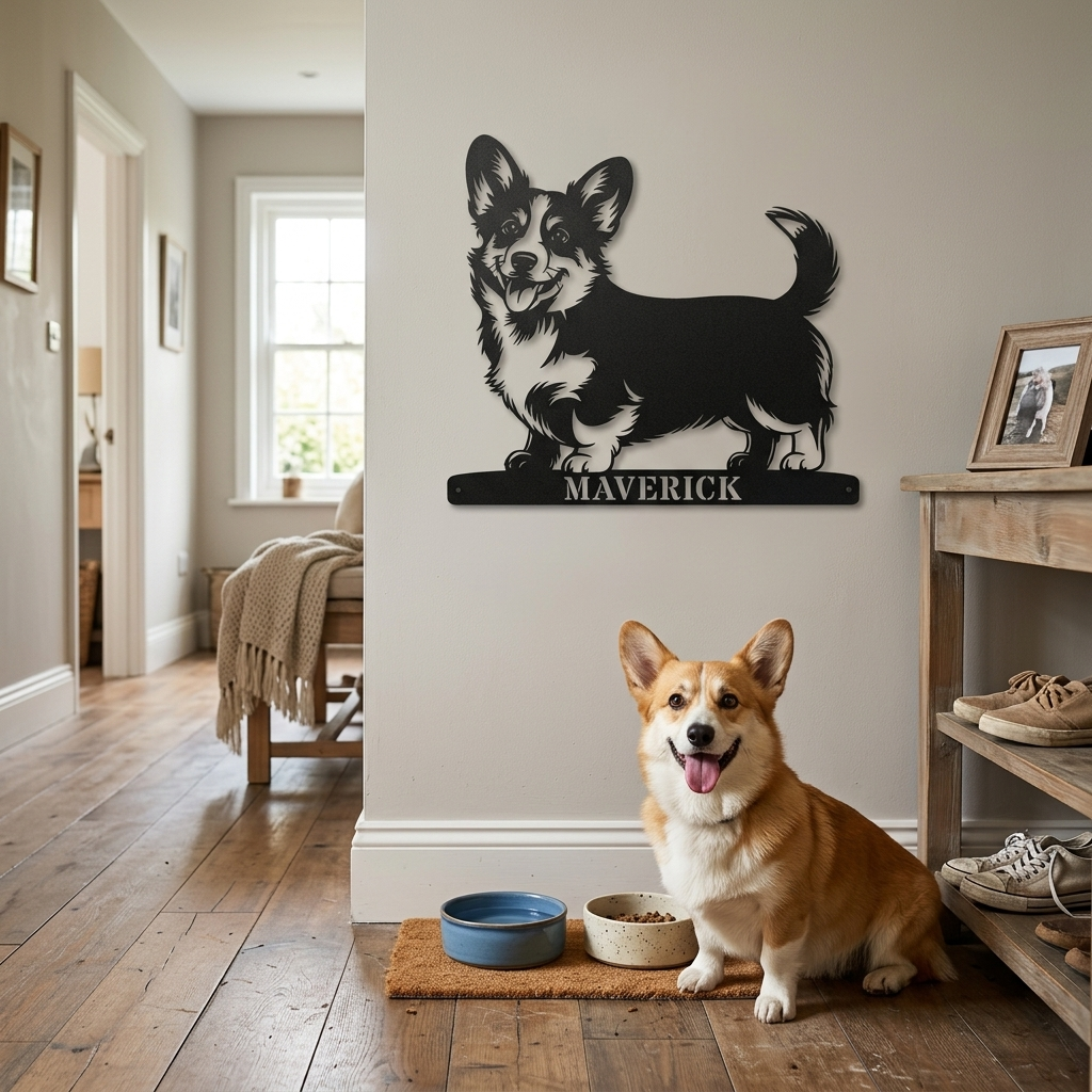 Corgi metalskilt med personlig navn. Unik gaveidé til hundeejeren