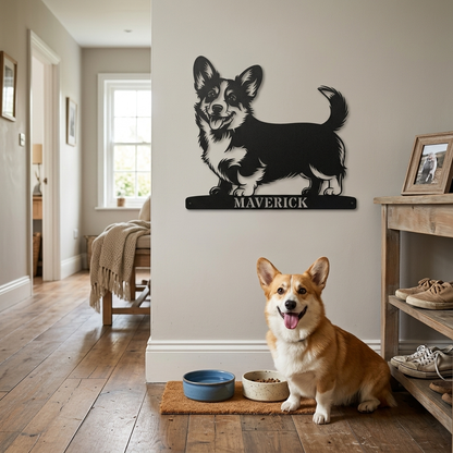 Corgi metalskilt med personlig navn. Unik gaveidé til hundeejeren