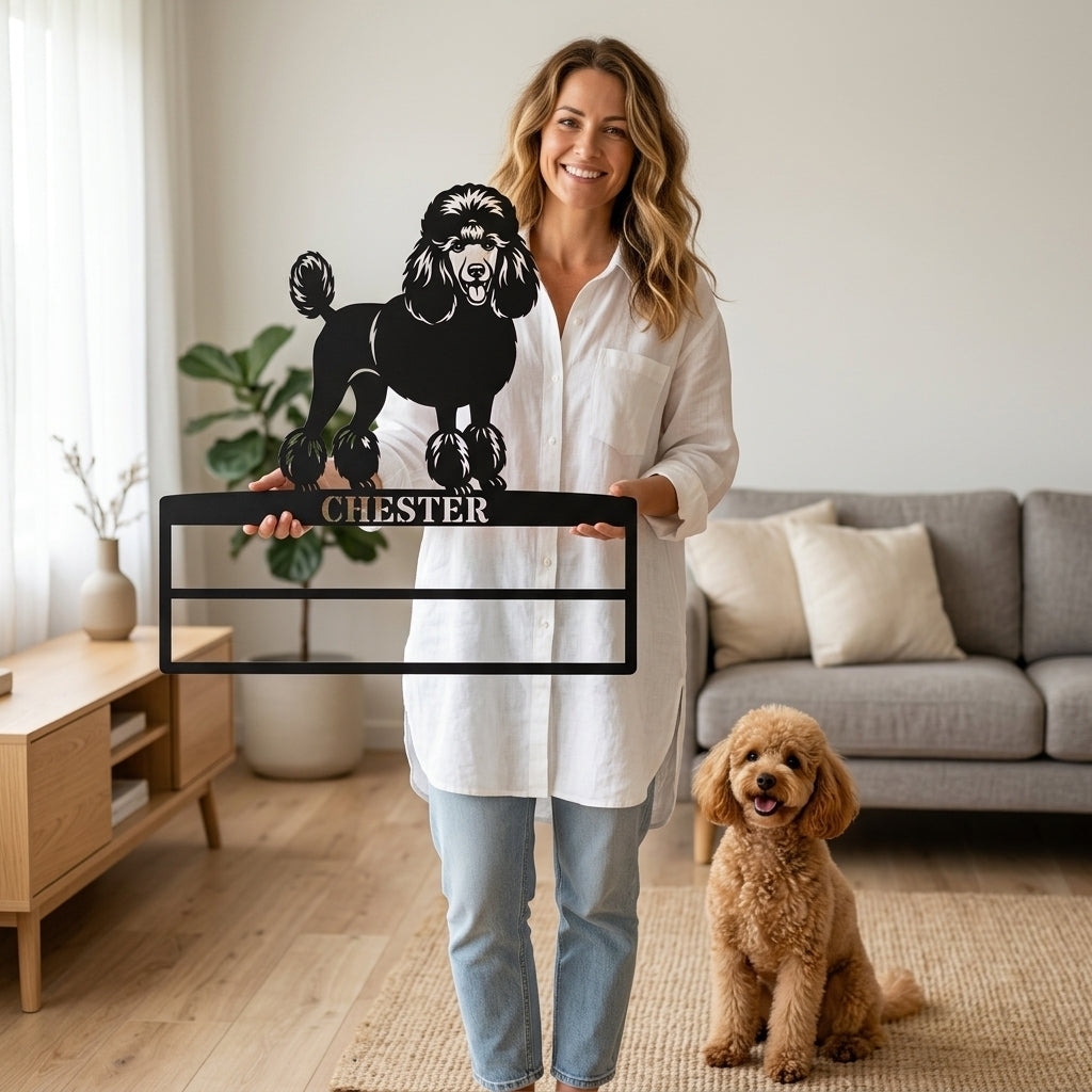 Unik puddelhund metalskilt til rosetter med personlig navn