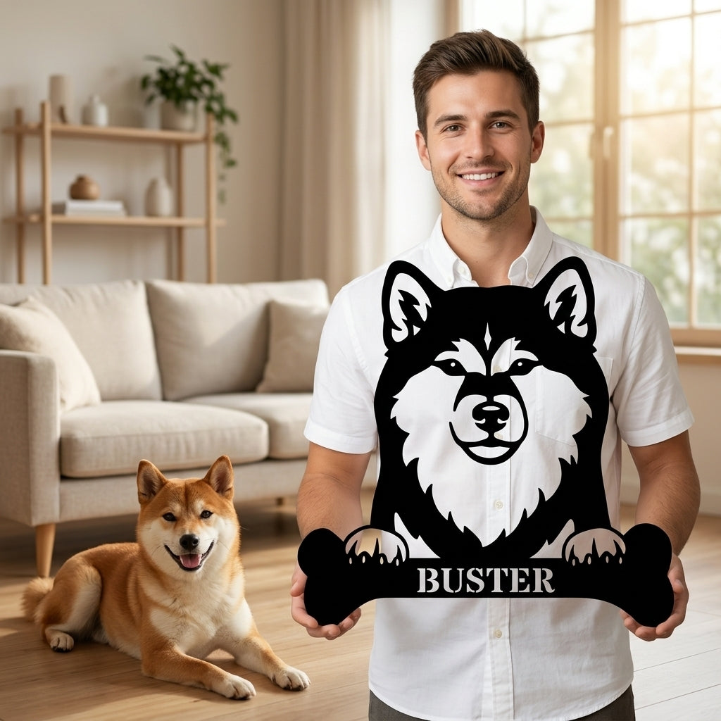 Sjov shiba inu navneskilt med personlig tekst. Unik metalskilt til hundeejeren