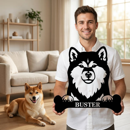 Sjov shiba inu navneskilt med personlig tekst. Unik metalskilt til hundeejeren
