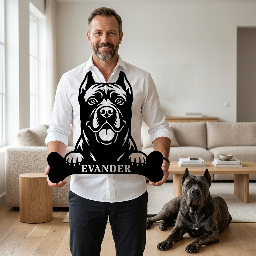 Cane Corso med kødben metalskilt med personlig navn