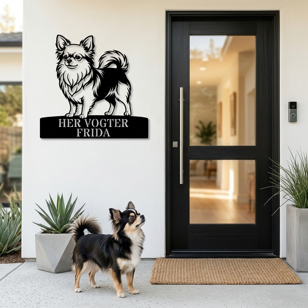 Langhåret Chihuahua her vogter jeg metalskilt med personlig tekst