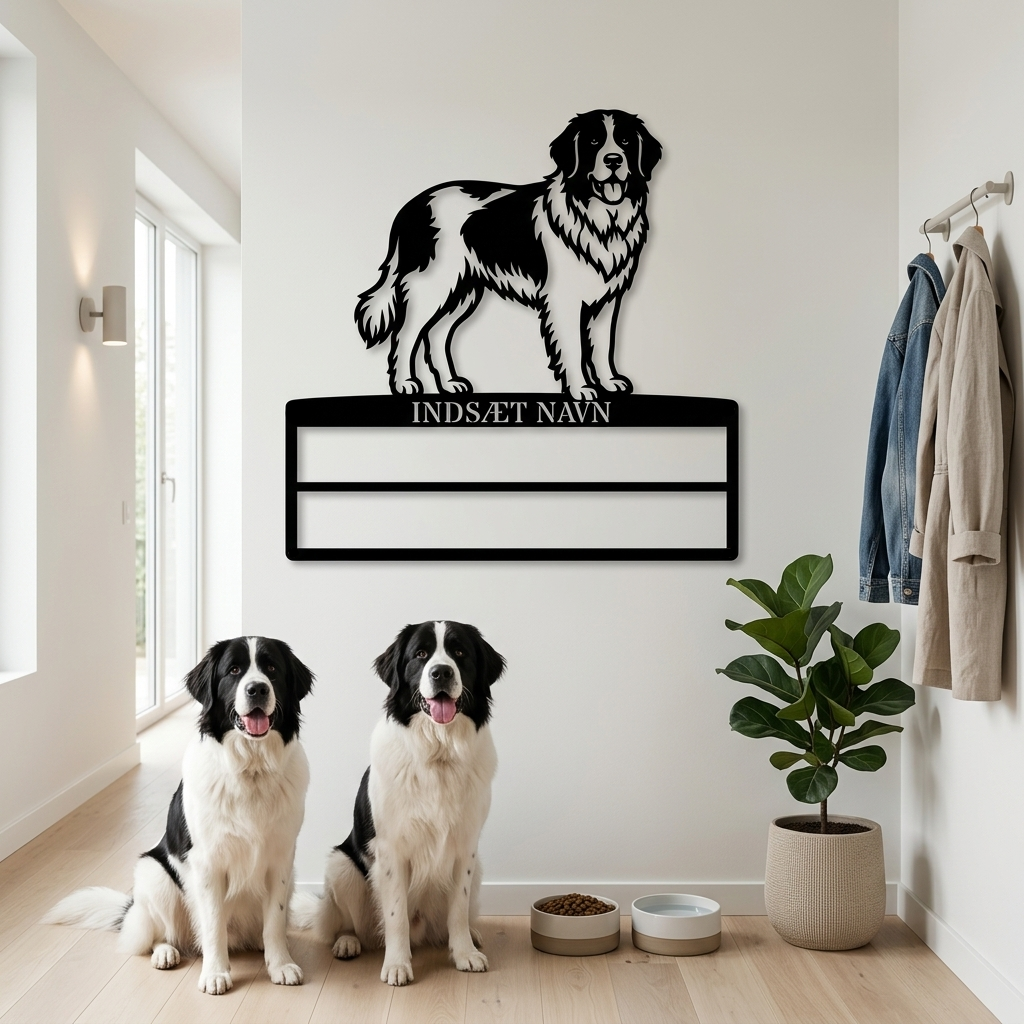 Personlig Landseer navneskilt til rosetter. Unik gaveid'e til hundeejeren