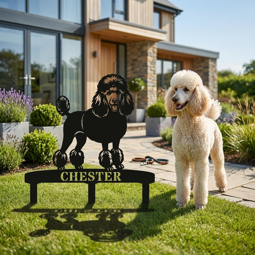 Unik puddelhund metalskilt til haven med personlig navn