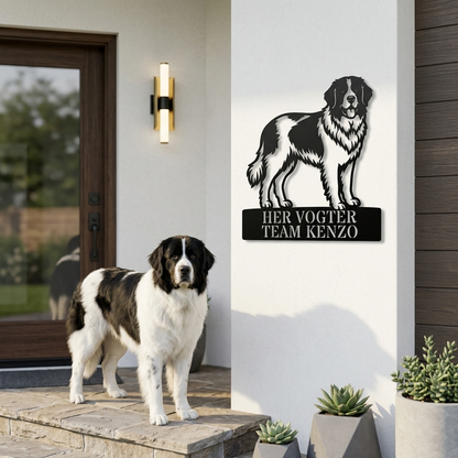 Her vogter jeg. Landseer hunde metal navneskilt