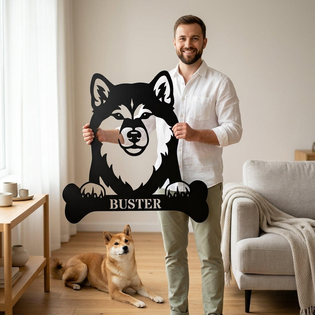 Sjov shiba inu navneskilt med personlig tekst. Unik metalskilt til hundeejeren