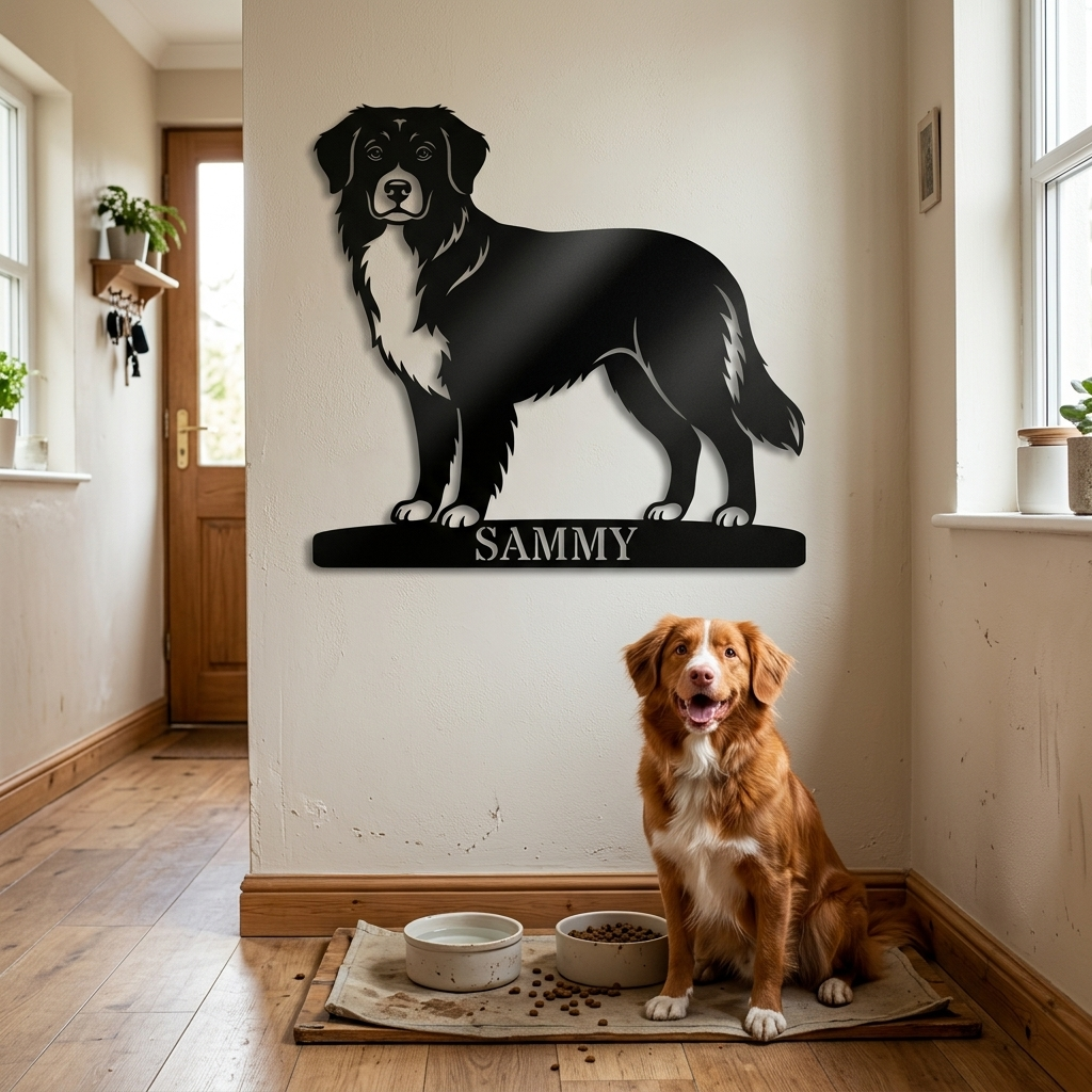 Nova Scotia Duck Tolling Retriever metalskilt med personlig tekst. Unik gaveidé til hundeejeren