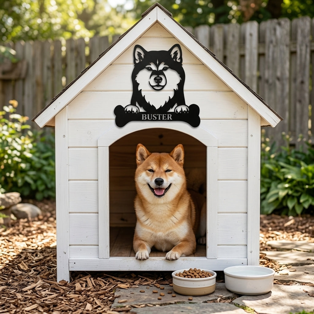 Sjov shiba inu navneskilt med personlig tekst. Unik metalskilt til hundeejeren