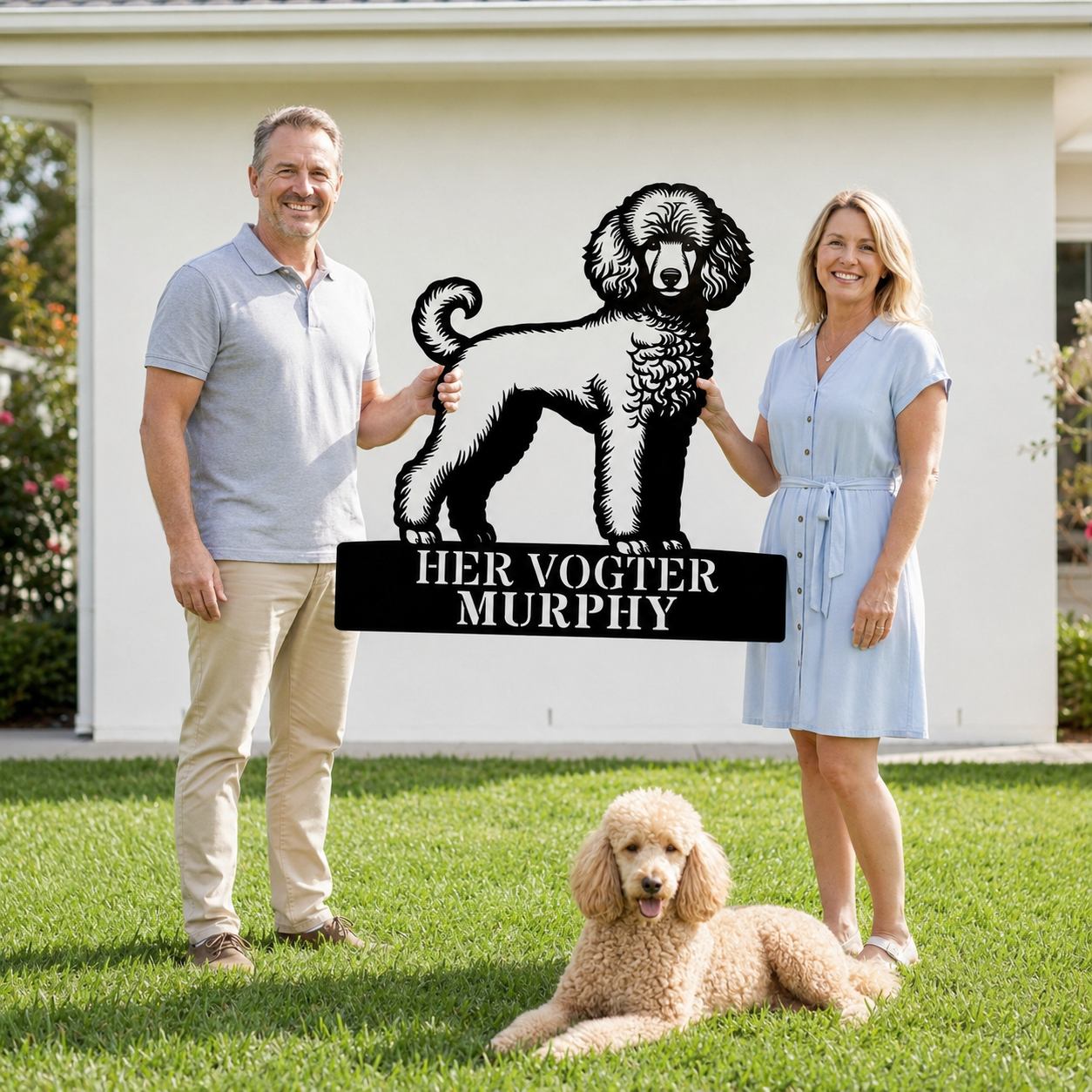 Puddel - Her vogter jeg metalskilt. Hunde navneskilt til huset