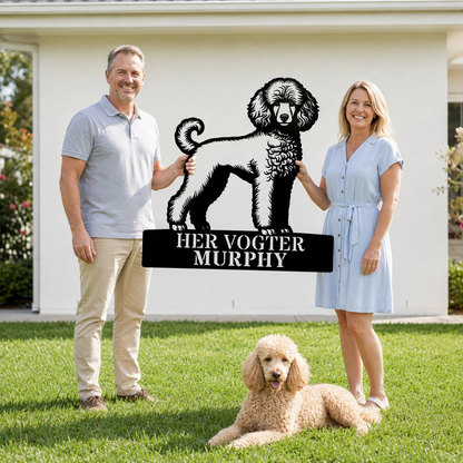 Puddel - Her vogter jeg metalskilt. Hunde navneskilt til huset