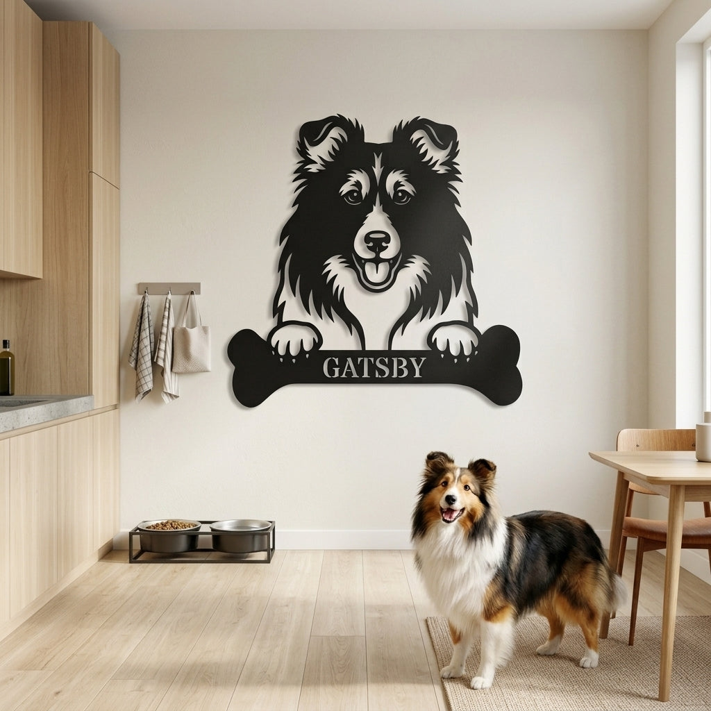 Sjov shetland sheepdog navneskilt med personlig tekst. Unik metalskilt til hundeejeren