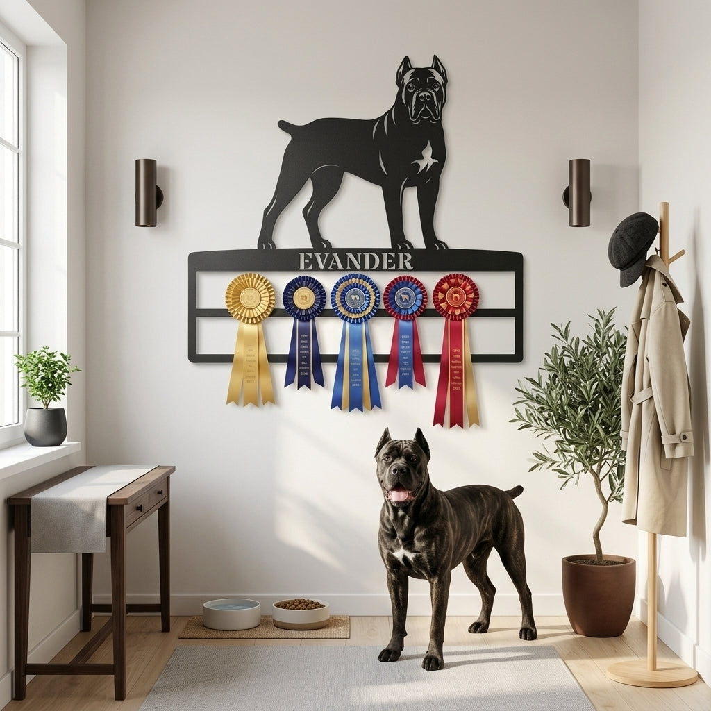 Metalnavneskilt med Cane Corso-motiv og plads til rosetter.