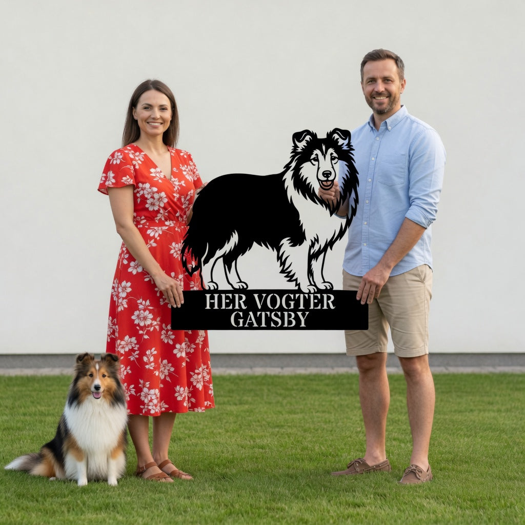 Personlig her vogter jeg Shetland Sheepdog metal navneskilt med navn