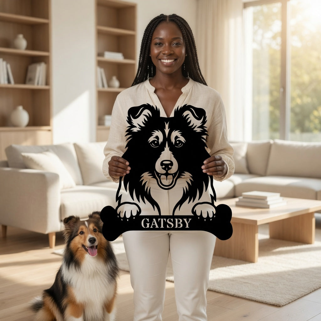 Sjov shetland sheepdog navneskilt med personlig tekst. Unik metalskilt til hundeejeren