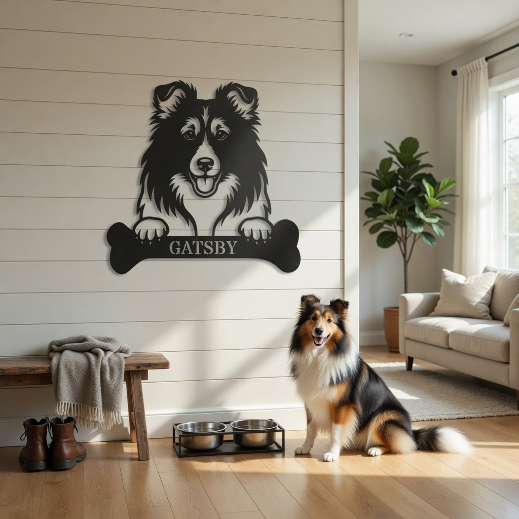 Sjov shetland sheepdog navneskilt med personlig tekst. Unik metalskilt til hundeejeren