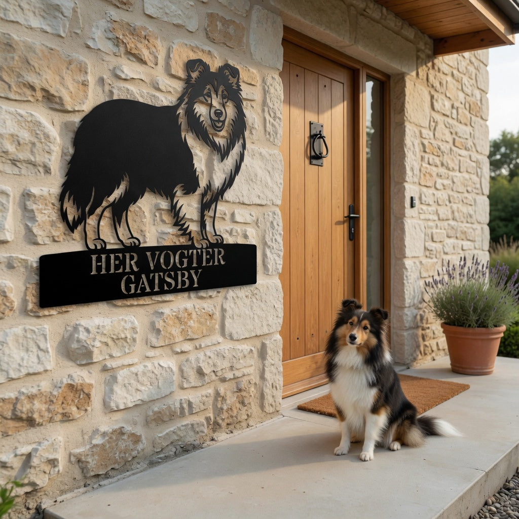 Personlig her vogter jeg Shetland Sheepdog metal navneskilt med navn