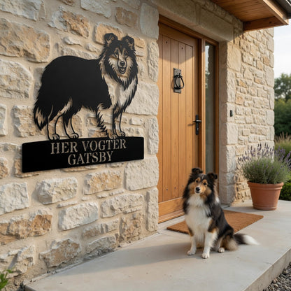 Personlig her vogter jeg Shetland Sheepdog metal navneskilt med navn