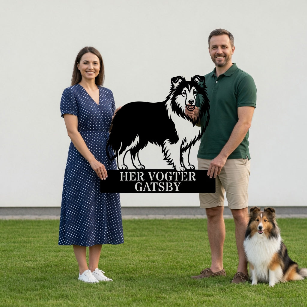 Personlig her vogter jeg Shetland Sheepdog metal navneskilt med navn