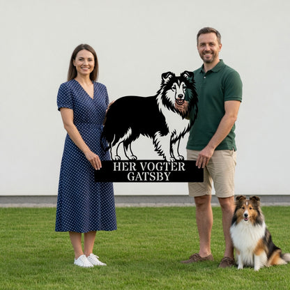 Personlig her vogter jeg Shetland Sheepdog metal navneskilt med navn